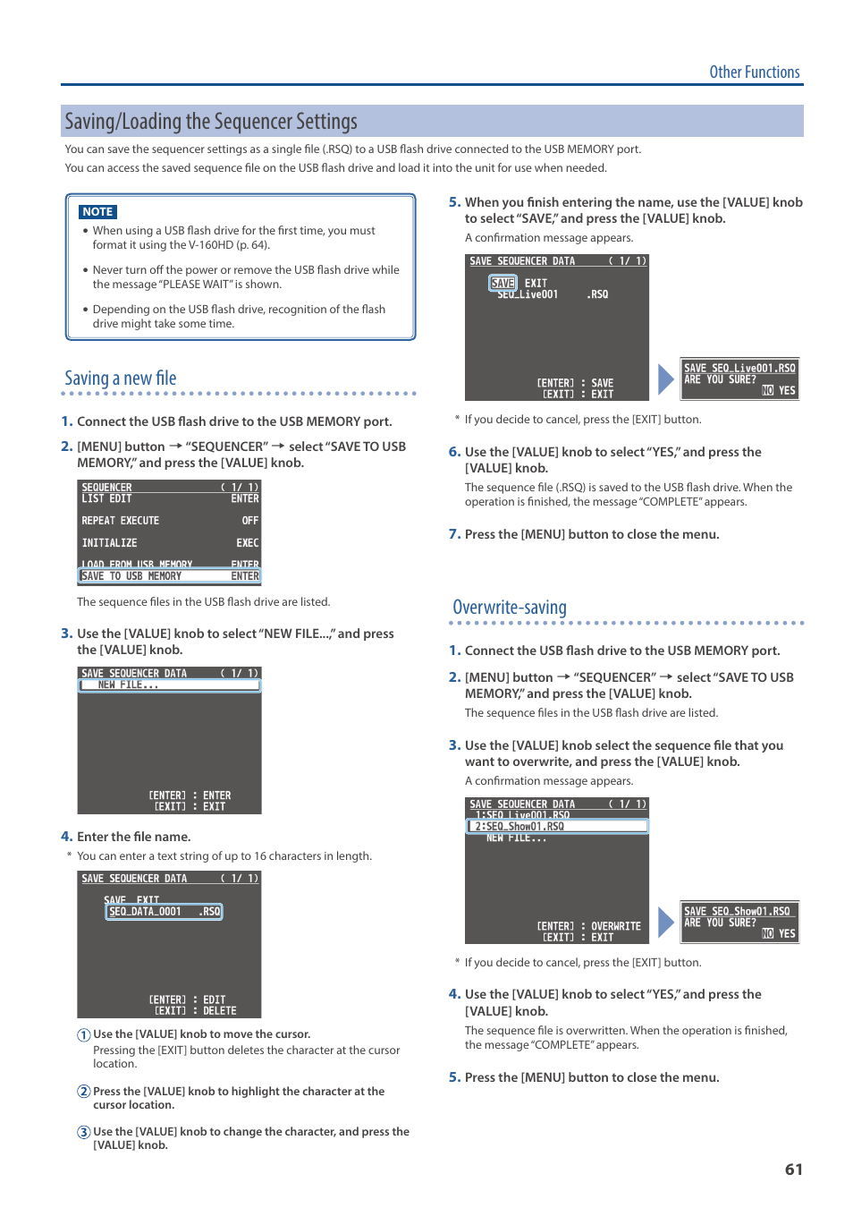 Saving/loading the sequencer settings, Saving a new file, Overwrite-saving | Other functions | Roland V-160HD SDI/HDMI Streaming Video Switcher User Manual | Page 61 / 111