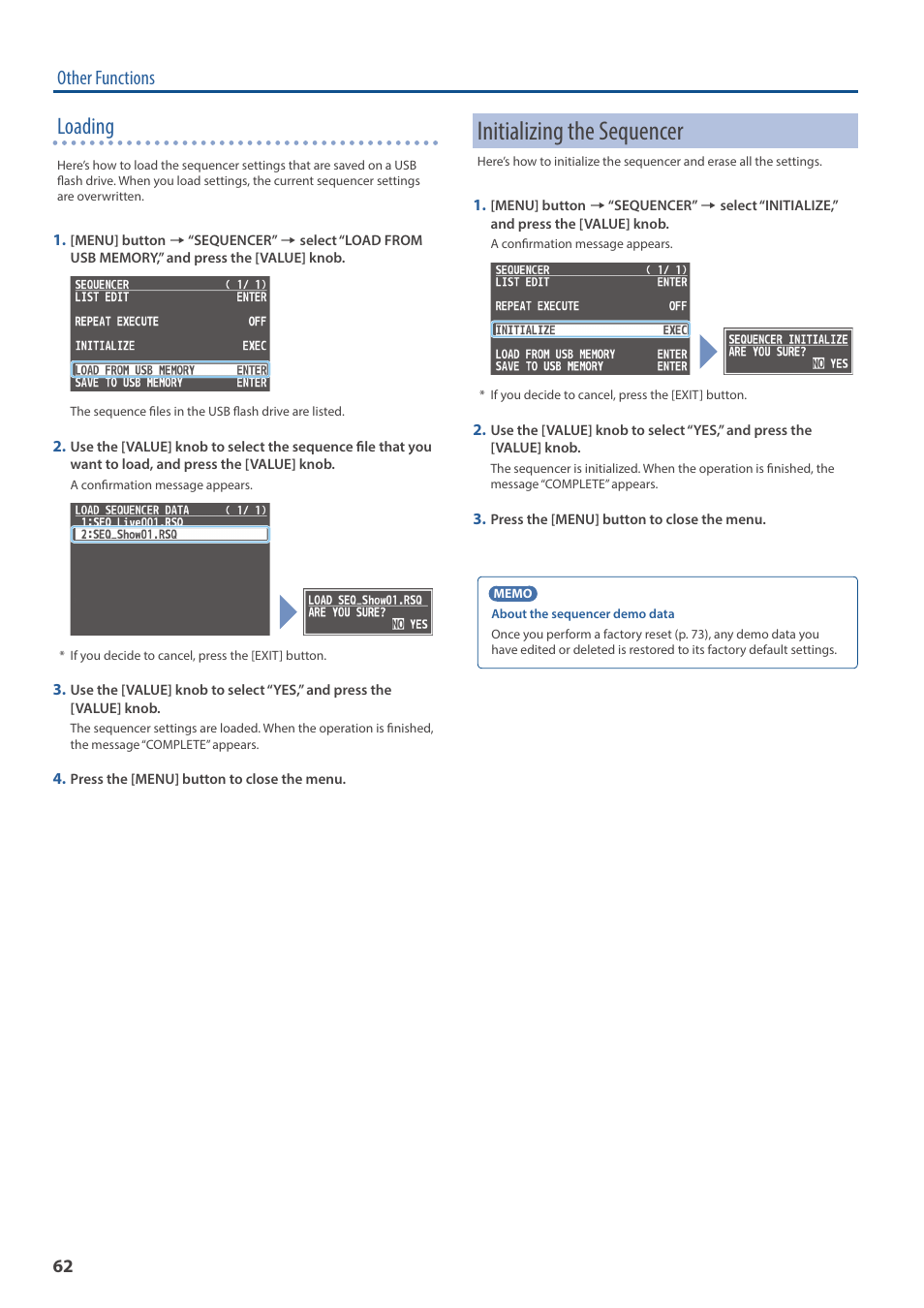 Initializing the sequencer, Loading, Other functions | Roland V-160HD SDI/HDMI Streaming Video Switcher User Manual | Page 62 / 111