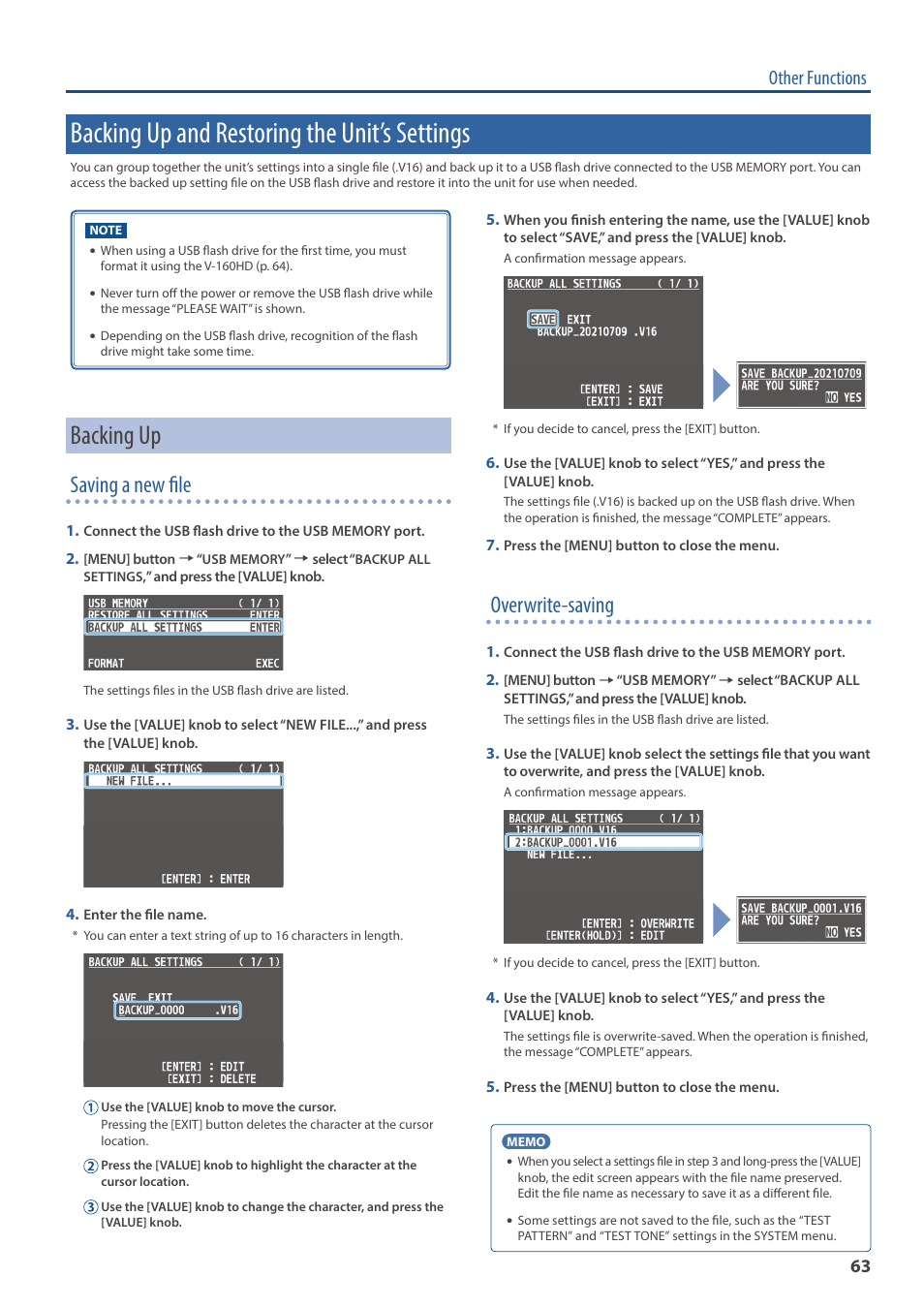 Backing up and restoring the unit’s settings, Backing up, Saving a new file | Overwrite-saving, Other functions | Roland V-160HD SDI/HDMI Streaming Video Switcher User Manual | Page 63 / 111