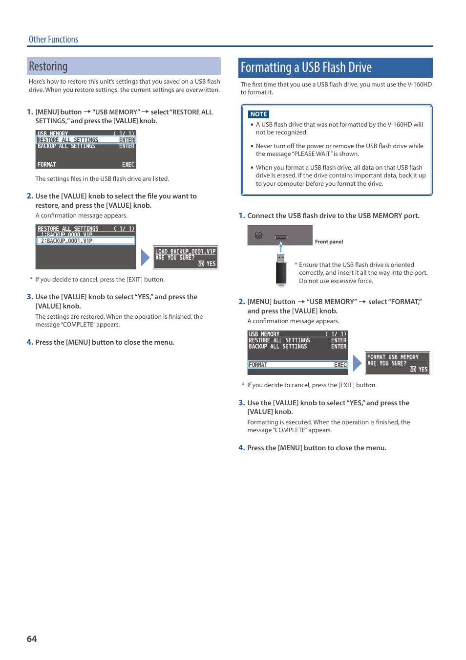 Restoring, Formatting a usb flash drive, Other functions | Roland V-160HD SDI/HDMI Streaming Video Switcher User Manual | Page 64 / 111