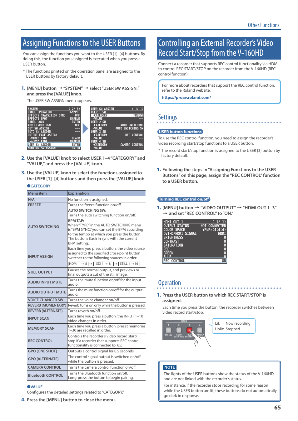 Assigning functions to the user buttons, Controlling an external recorder’s video record, Start/stop from the | V-160hd, Ing (p. 65), Assigning functions to the user buttons” (p. 65), On/off (p. 65), Settings, Operation, Other functions | Roland V-160HD SDI/HDMI Streaming Video Switcher User Manual | Page 65 / 111