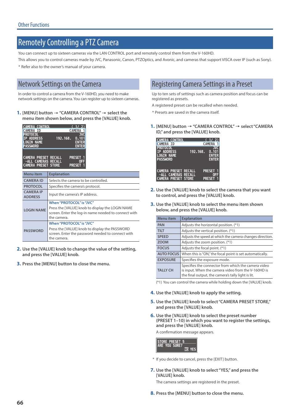 Remotely controlling a ptz camera, Network settings on the camera, Registering camera settings in a preset | Other functions | Roland V-160HD SDI/HDMI Streaming Video Switcher User Manual | Page 66 / 111