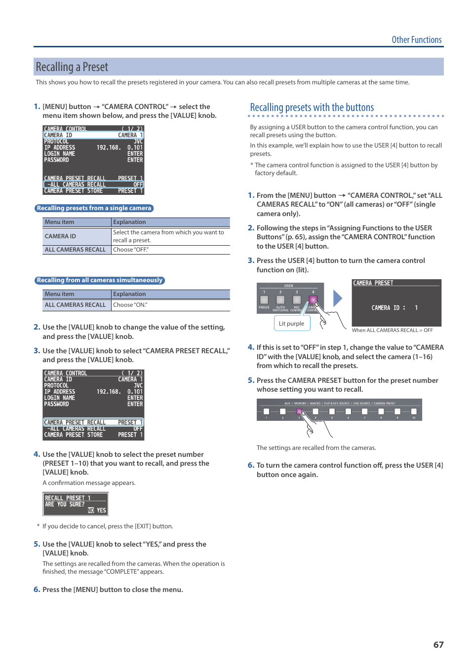 Recalling a preset, Recalling presets with the buttons, Other functions | Roland V-160HD SDI/HDMI Streaming Video Switcher User Manual | Page 67 / 111