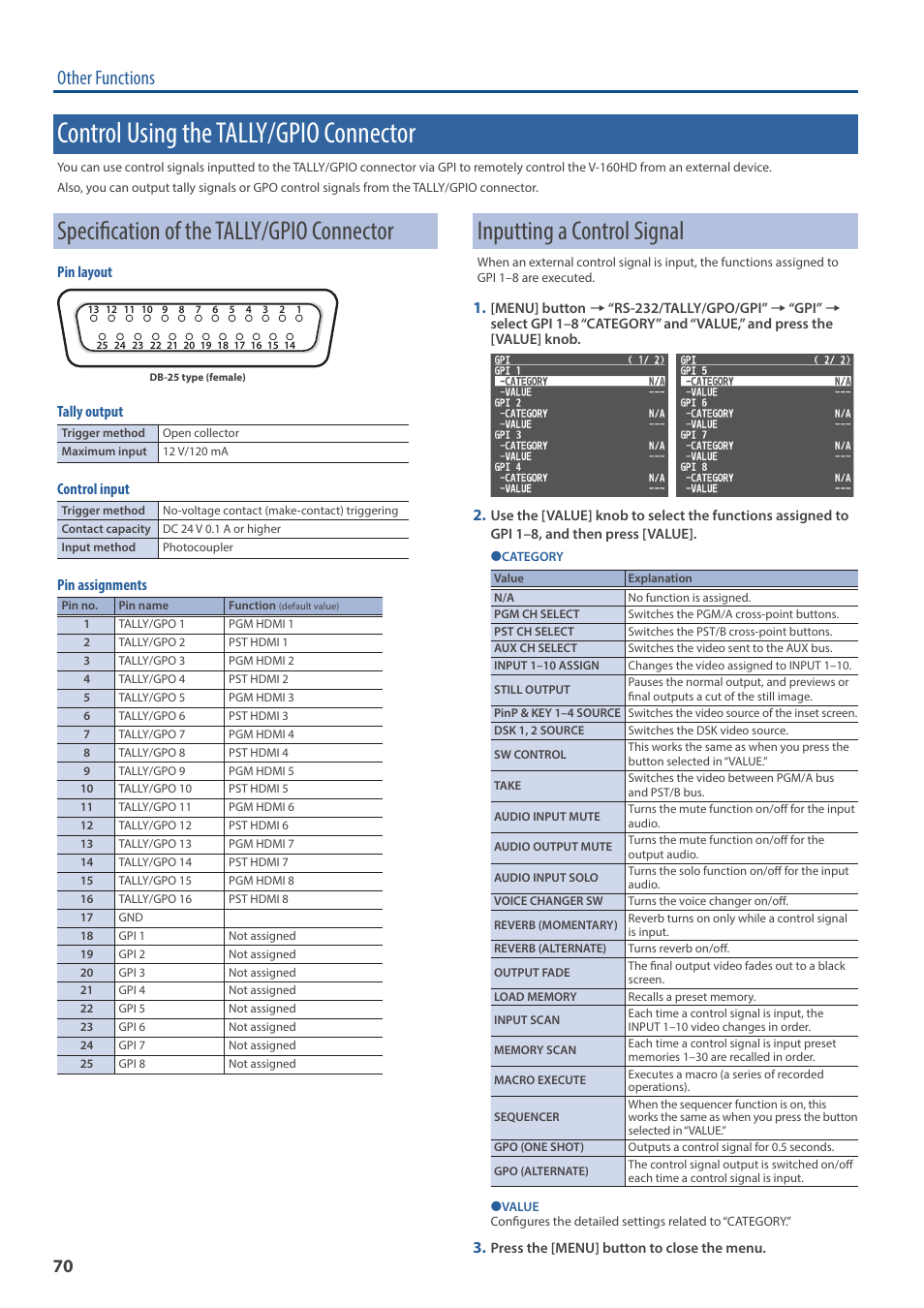 Control using the tally/gpio connector, Specification of the tally/gpio connector, Inputting a control signal | Inputting a control signal” (p. 70), Other functions | Roland V-160HD SDI/HDMI Streaming Video Switcher User Manual | Page 70 / 111