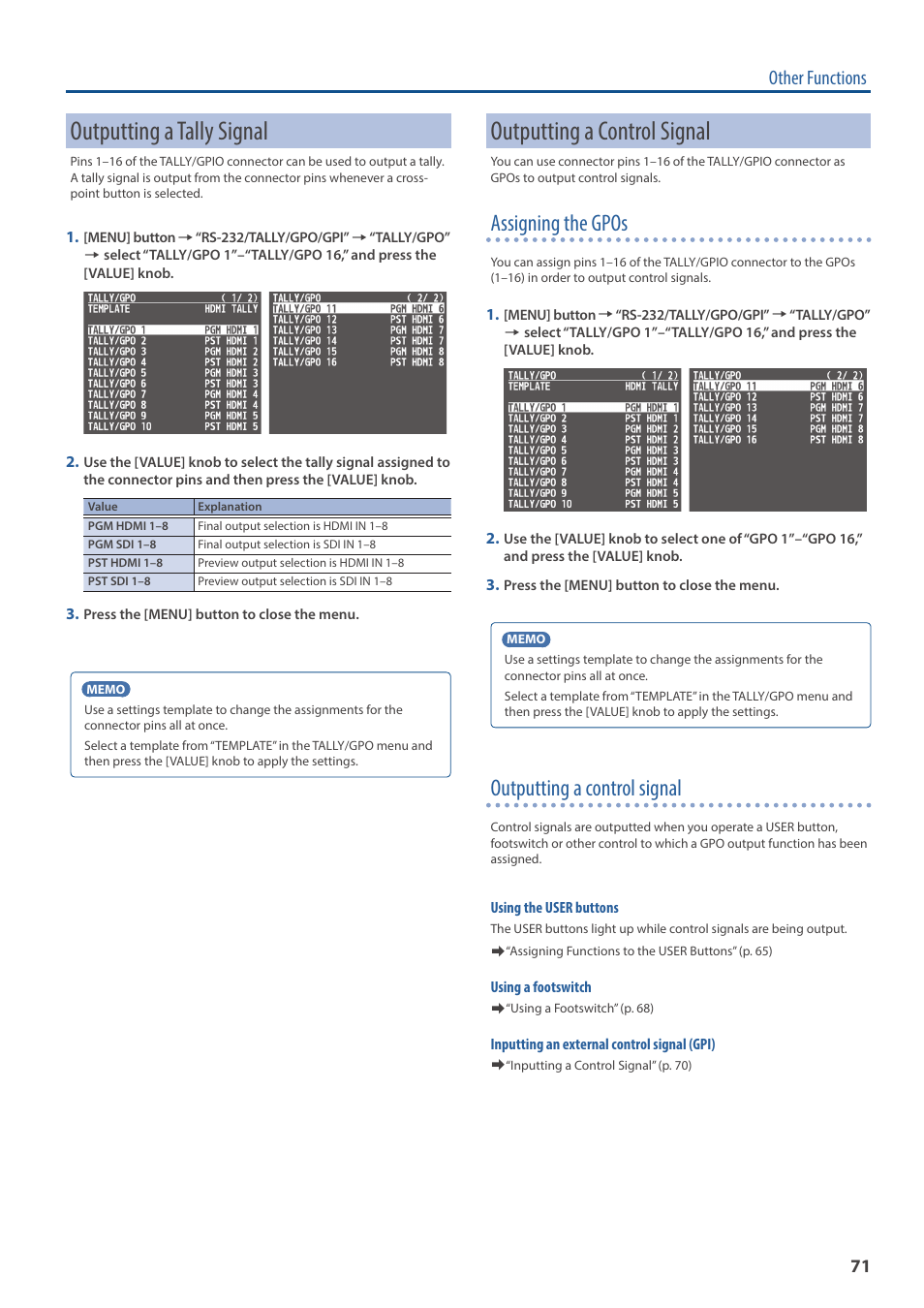 Outputting a tally signal, Outputting a control signal, Assigning the gpos | Other functions | Roland V-160HD SDI/HDMI Streaming Video Switcher User Manual | Page 71 / 111