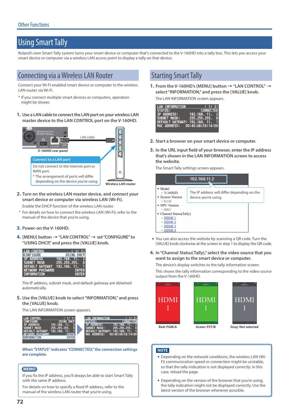 Using smart tally, Connecting via a wireless lan router, Starting smart tally | Other functions | Roland V-160HD SDI/HDMI Streaming Video Switcher User Manual | Page 72 / 111