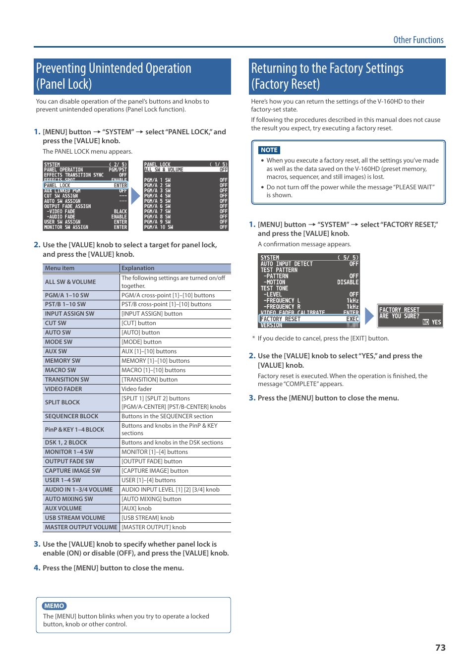 Preventing unintended operation (panel lock), Returning to the factory settings (factory reset), P. 73) | Other functions | Roland V-160HD SDI/HDMI Streaming Video Switcher User Manual | Page 73 / 111