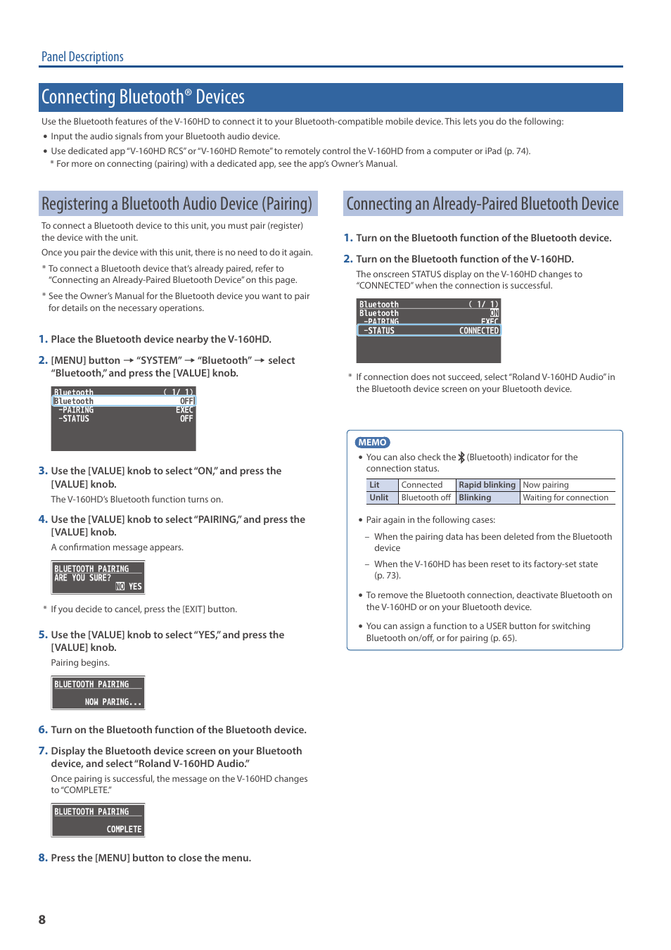 Connecting bluetooth® devices, Registering a bluetooth audio device (pairing), Connecting an already-paired bluetooth device | Panel descriptions | Roland V-160HD SDI/HDMI Streaming Video Switcher User Manual | Page 8 / 111