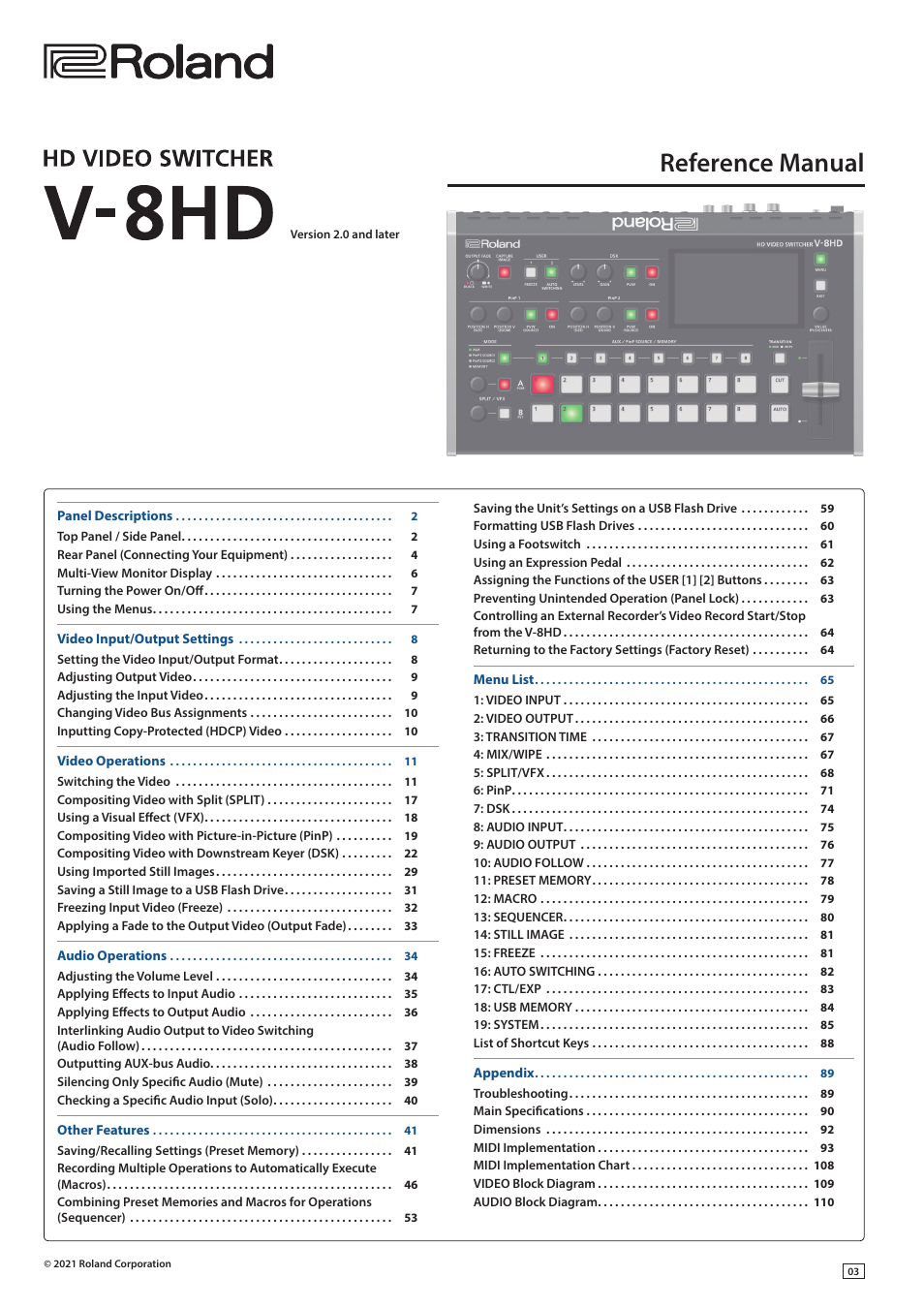 Roland V-8HD HDMI Video Switcher and UVC-01 USB Capture Device Kit User Manual | 110 pages