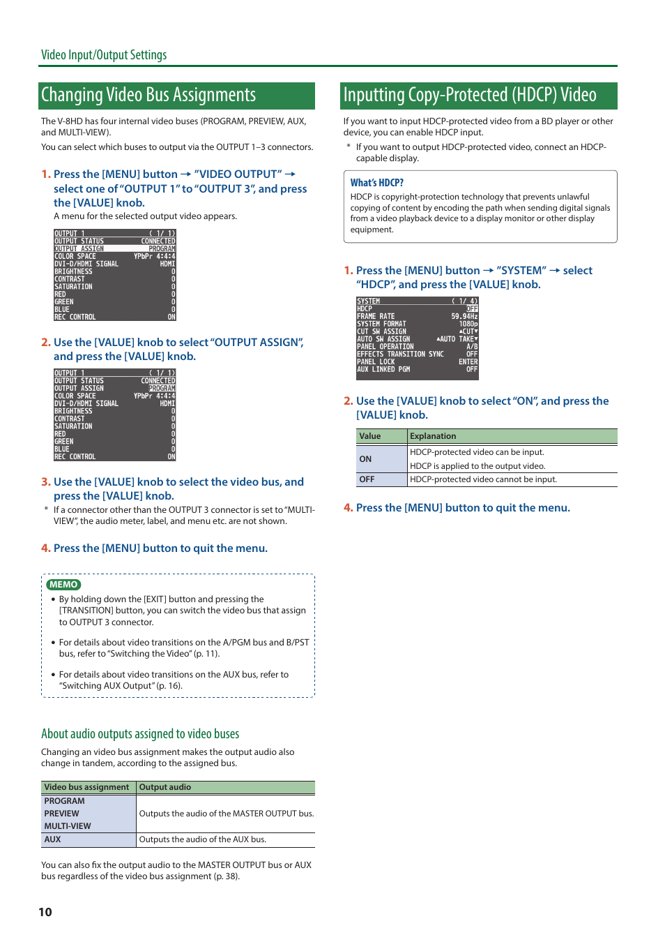 Changing video bus assignments, Inputting copy-protected (hdcp) video, Video input/output settings | About audio outputs assigned to video buses | Roland V-8HD HDMI Video Switcher and UVC-01 USB Capture Device Kit User Manual | Page 10 / 110