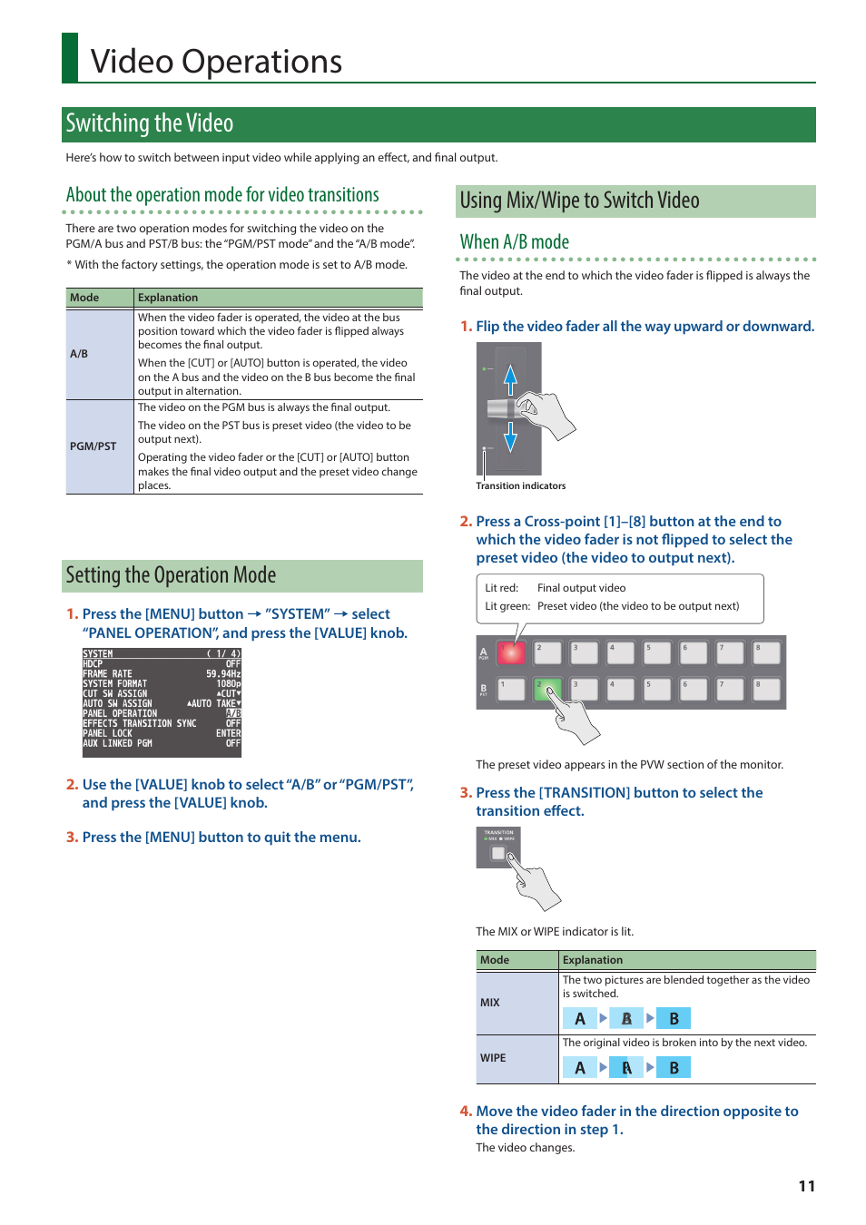 Video operations, Switching the video, Setting the operation mode | Using mix/wipe to switch video, About the operation mode for video transitions, When a/b mode | Roland V-8HD HDMI Video Switcher and UVC-01 USB Capture Device Kit User Manual | Page 11 / 110