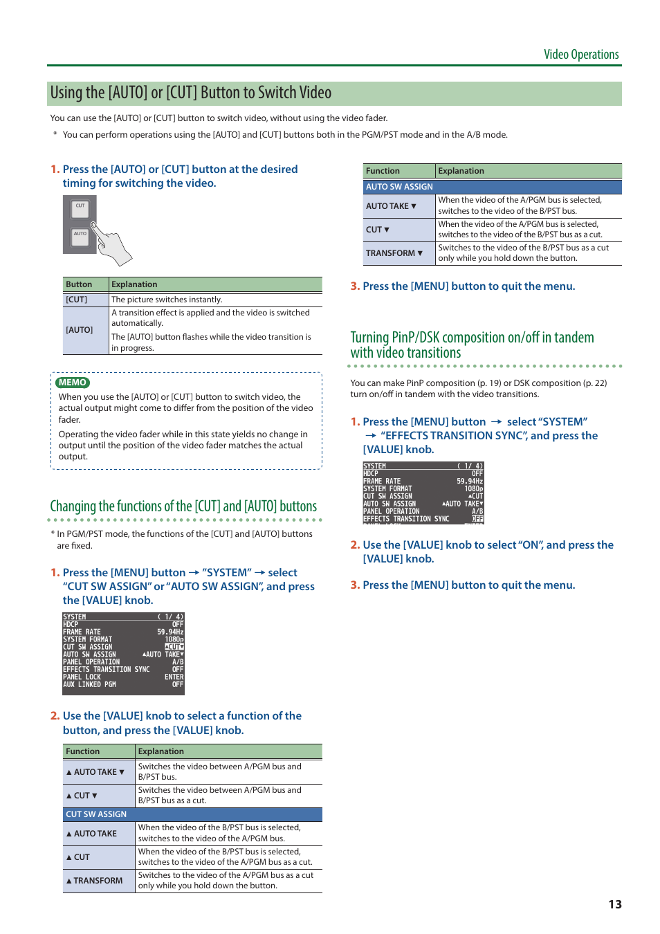 Using the [auto] or [cut] button to switch video, Video operations | Roland V-8HD HDMI Video Switcher and UVC-01 USB Capture Device Kit User Manual | Page 13 / 110