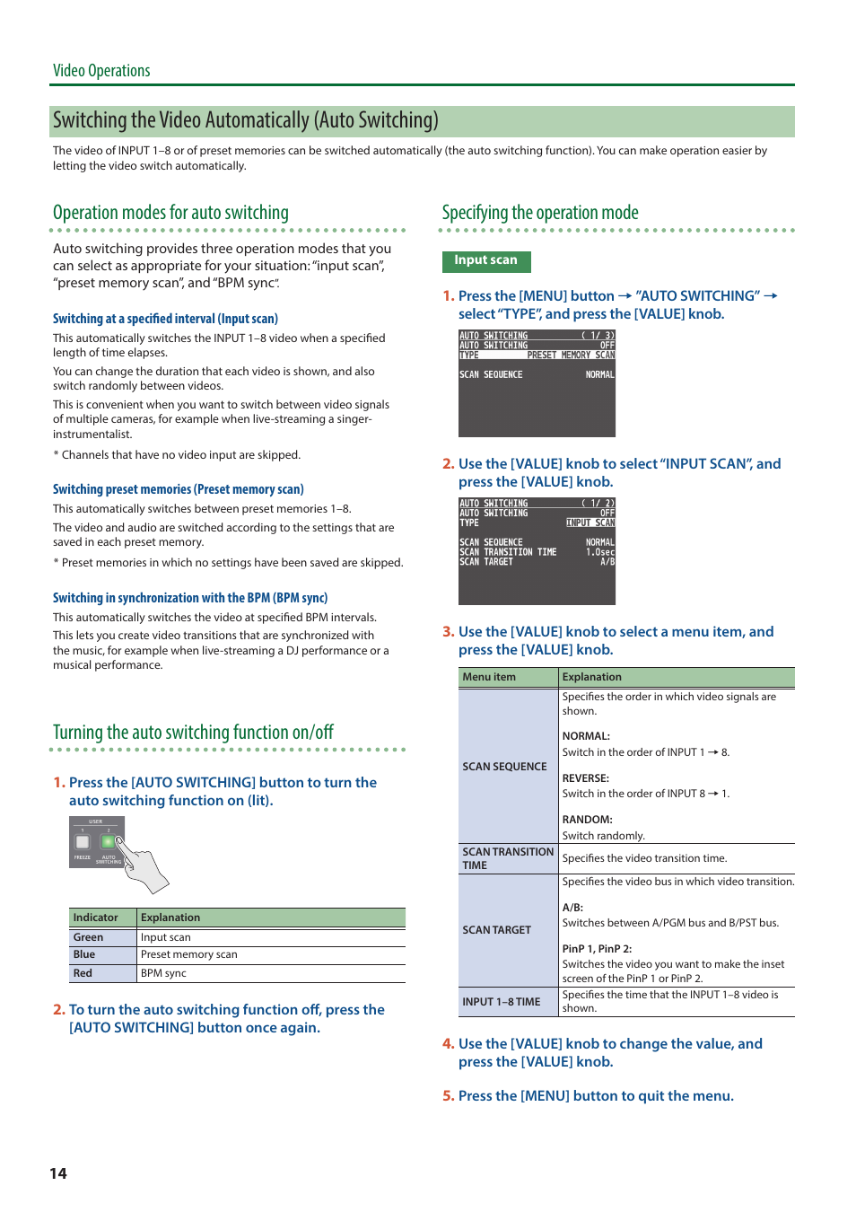 Switching the video automatically (auto switching), Operation modes for auto switching, Turning the auto switching function on/off | Specifying the operation mode, Video operations | Roland V-8HD HDMI Video Switcher and UVC-01 USB Capture Device Kit User Manual | Page 14 / 110