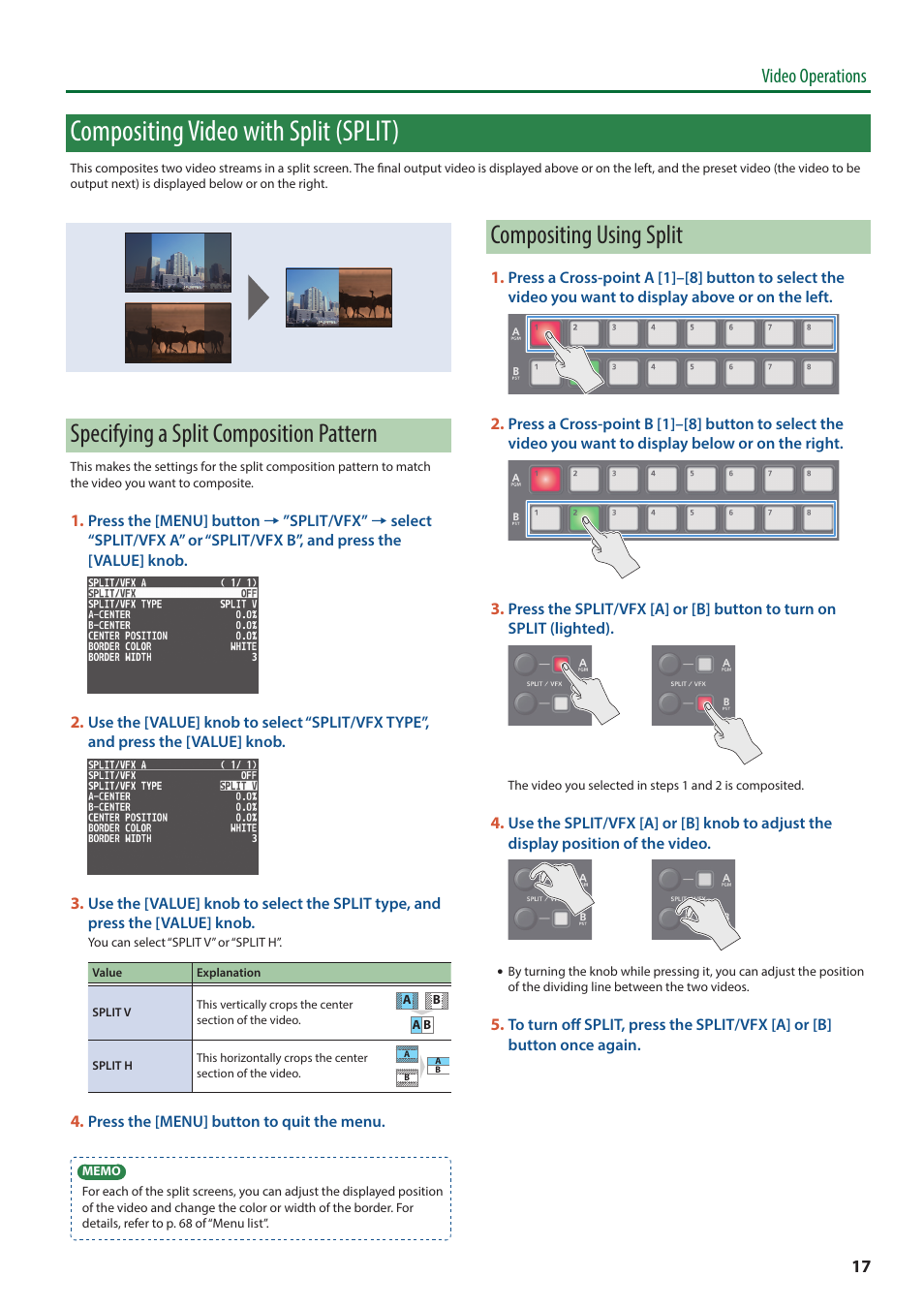 Compositing video with split (split), Specifying a split composition pattern, Compositing using split | Video operations | Roland V-8HD HDMI Video Switcher and UVC-01 USB Capture Device Kit User Manual | Page 17 / 110