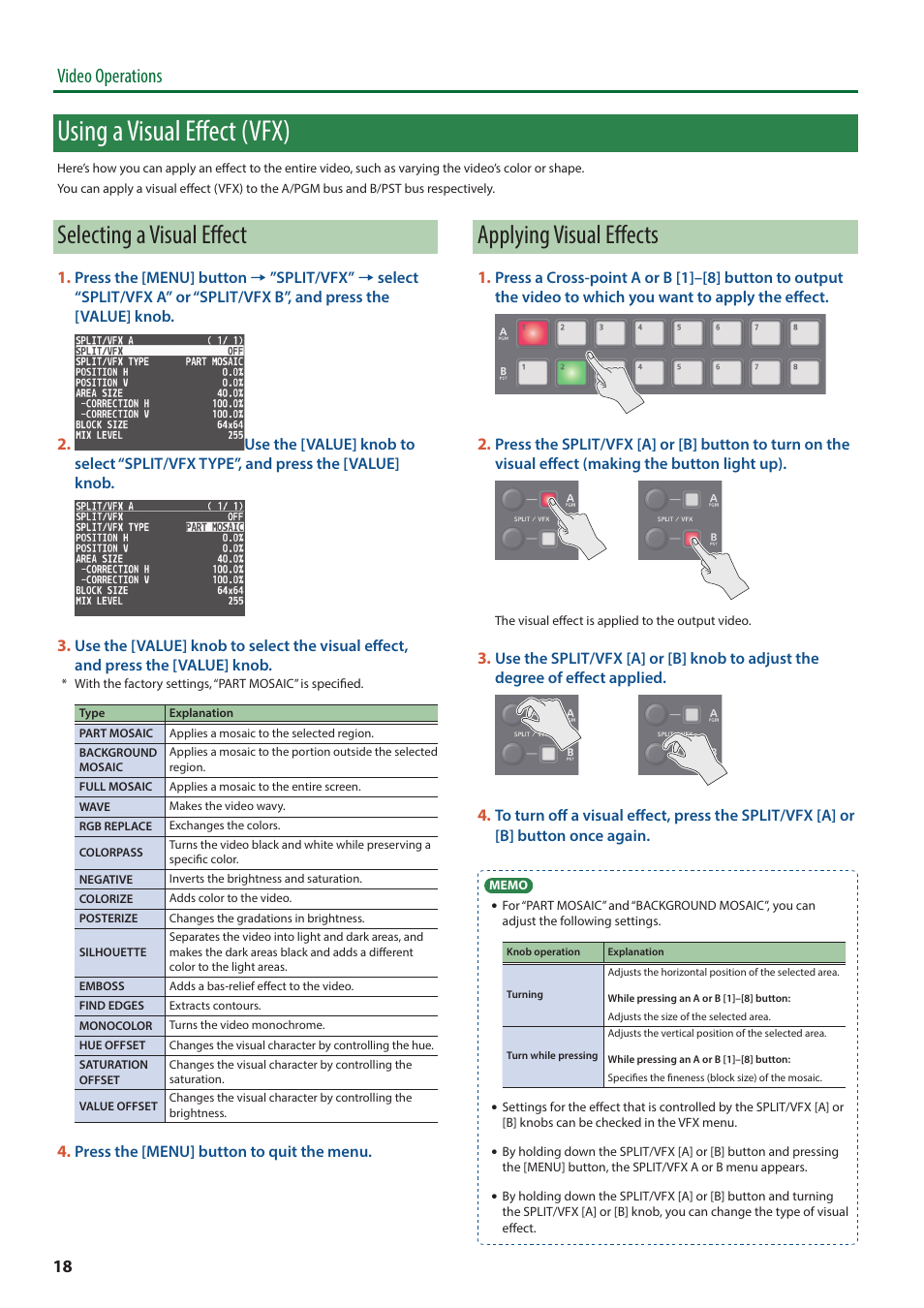 Using a visual effect (vfx), Selecting a visual effect, Applying visual effects | Video operations | Roland V-8HD HDMI Video Switcher and UVC-01 USB Capture Device Kit User Manual | Page 18 / 110