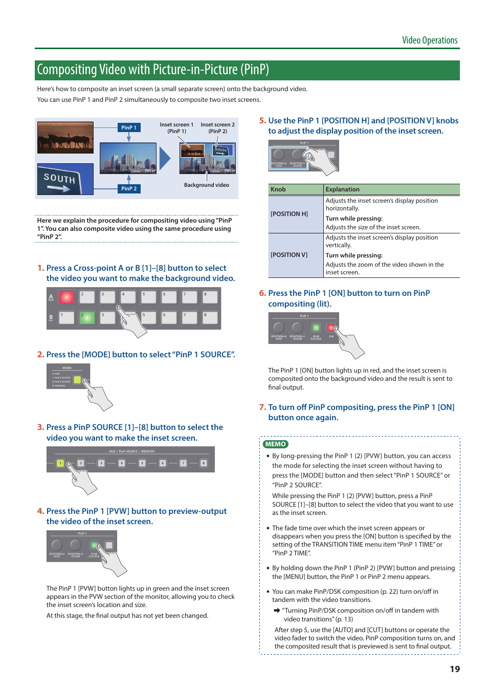 Compositing video with picture-in-picture (pinp), Video operations | Roland V-8HD HDMI Video Switcher and UVC-01 USB Capture Device Kit User Manual | Page 19 / 110