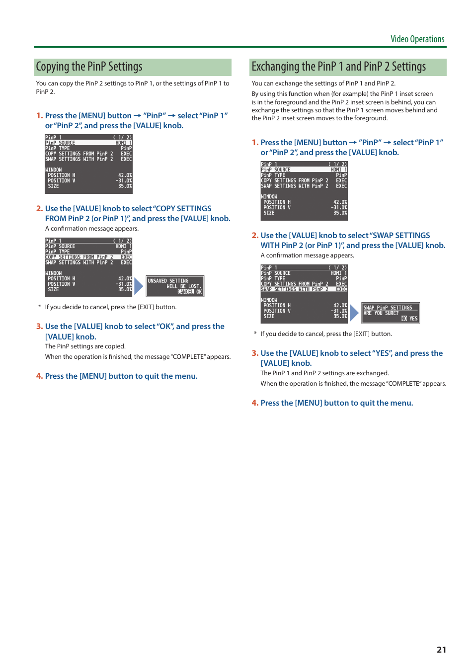 Copying the pinp settings, Exchanging the pinp 1 and pinp 2 settings, Video operations | Roland V-8HD HDMI Video Switcher and UVC-01 USB Capture Device Kit User Manual | Page 21 / 110