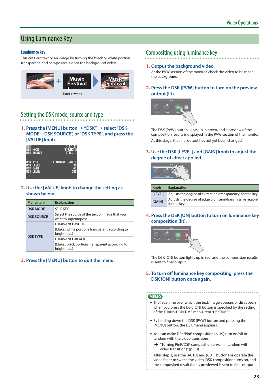 Y (p . 23), Using luminance key, Setting the dsk mode, source and type | Compositing using luminance key, Video operations | Roland V-8HD HDMI Video Switcher and UVC-01 USB Capture Device Kit User Manual | Page 23 / 110