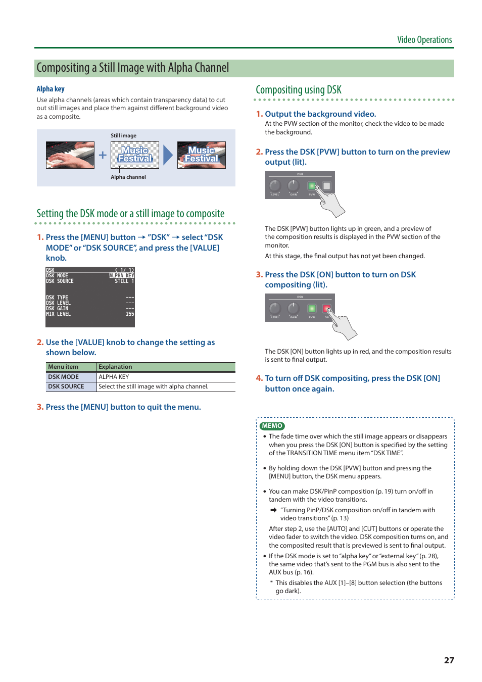 Y (p . 27), Compositing a still image with alpha channel, Setting the dsk mode or a still image to composite | Compositing using dsk, Video operations | Roland V-8HD HDMI Video Switcher and UVC-01 USB Capture Device Kit User Manual | Page 27 / 110
