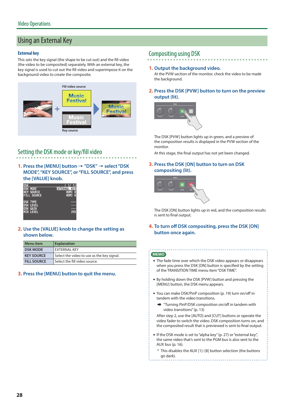 Y (p . 28), P. 28), Using an external key | Setting the dsk mode or key/fill video, Compositing using dsk, Video operations | Roland V-8HD HDMI Video Switcher and UVC-01 USB Capture Device Kit User Manual | Page 28 / 110