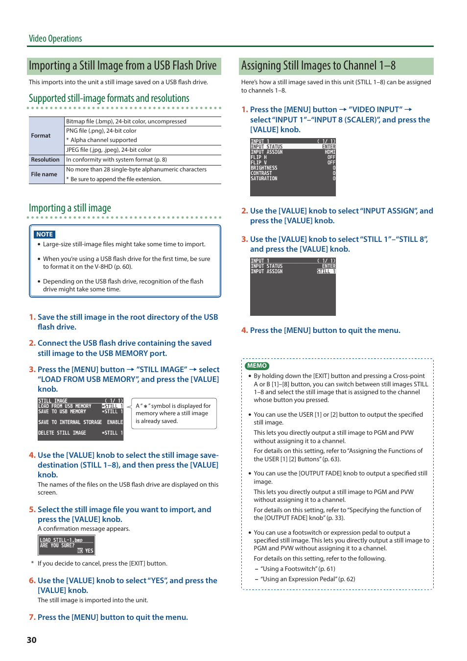 Importing a still image from a usb flash drive, Assigning still images to channel 1–8, Supported still-image formats and resolutions | Importing a still image, Video operations | Roland V-8HD HDMI Video Switcher and UVC-01 USB Capture Device Kit User Manual | Page 30 / 110