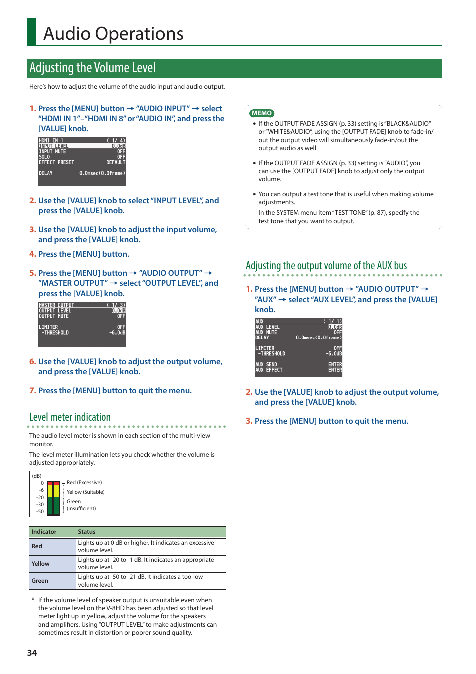 Audio operations, Adjusting the volume level, Level meter indication | Adjusting the output volume of the aux bus | Roland V-8HD HDMI Video Switcher and UVC-01 USB Capture Device Kit User Manual | Page 34 / 110