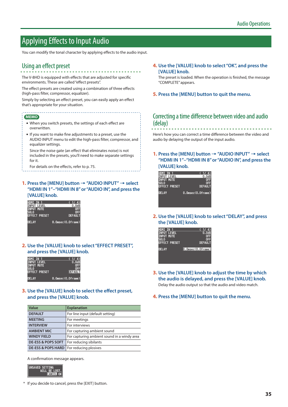 Applying effects to input audio, Using an effect preset, Audio operations | Roland V-8HD HDMI Video Switcher and UVC-01 USB Capture Device Kit User Manual | Page 35 / 110