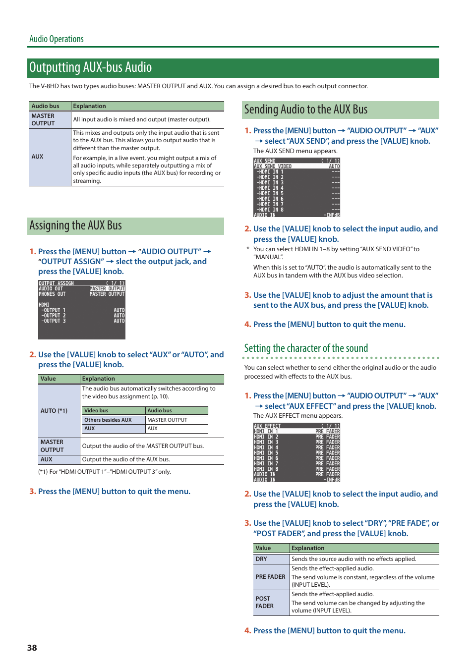 Outputting aux-bus audio, Assigning the aux bus, Sending audio to the aux bus | Setting the character of the sound, Audio operations | Roland V-8HD HDMI Video Switcher and UVC-01 USB Capture Device Kit User Manual | Page 38 / 110