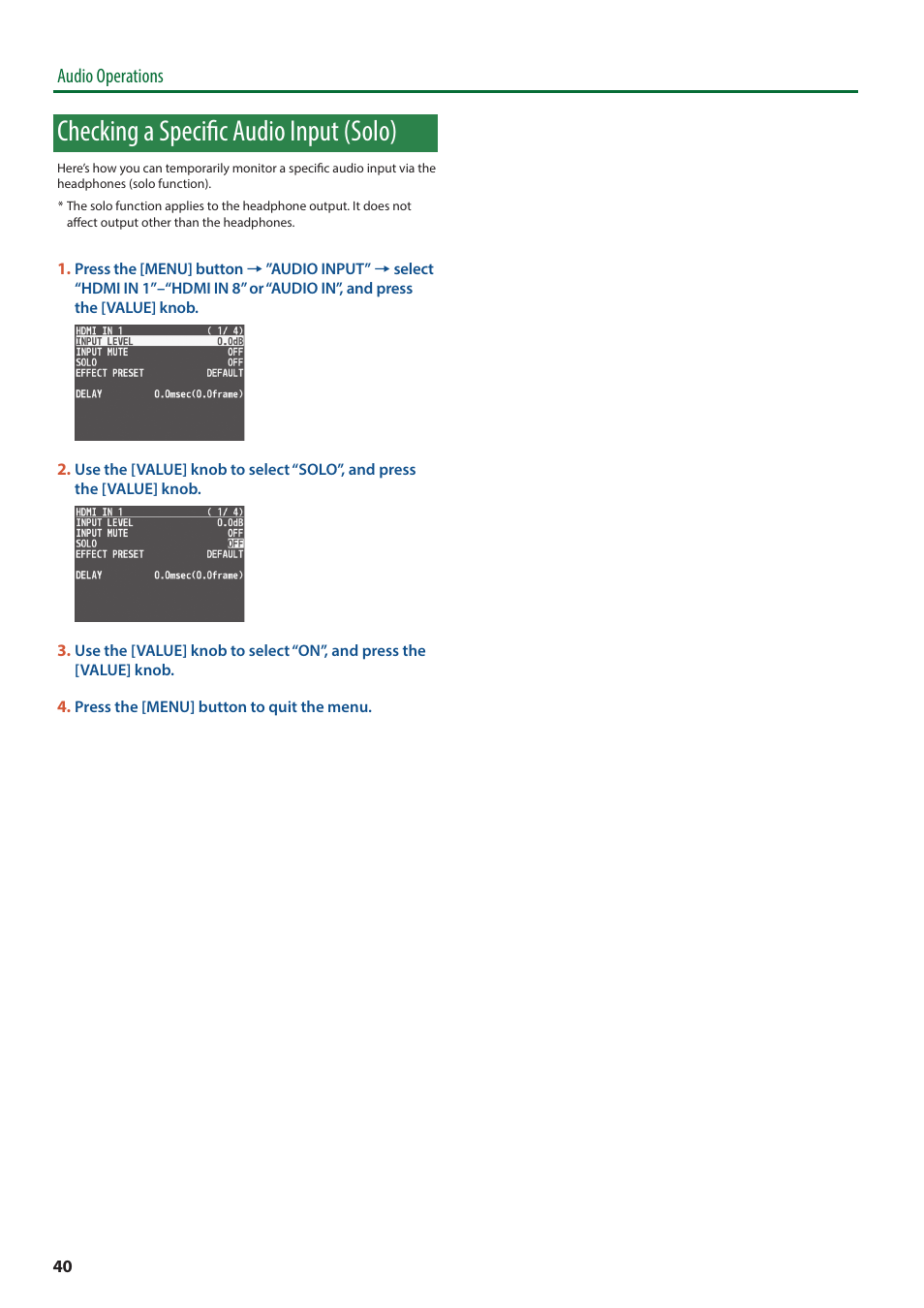 Checking a specific audio input (solo), Audio operations | Roland V-8HD HDMI Video Switcher and UVC-01 USB Capture Device Kit User Manual | Page 40 / 110