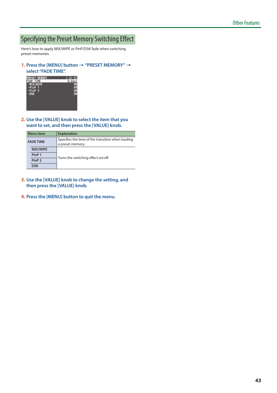 Other features | Roland V-8HD HDMI Video Switcher and UVC-01 USB Capture Device Kit User Manual | Page 43 / 110