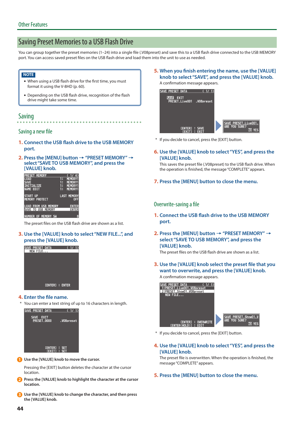 Saving, Other features, Saving a new file | Overwrite-saving a file | Roland V-8HD HDMI Video Switcher and UVC-01 USB Capture Device Kit User Manual | Page 44 / 110