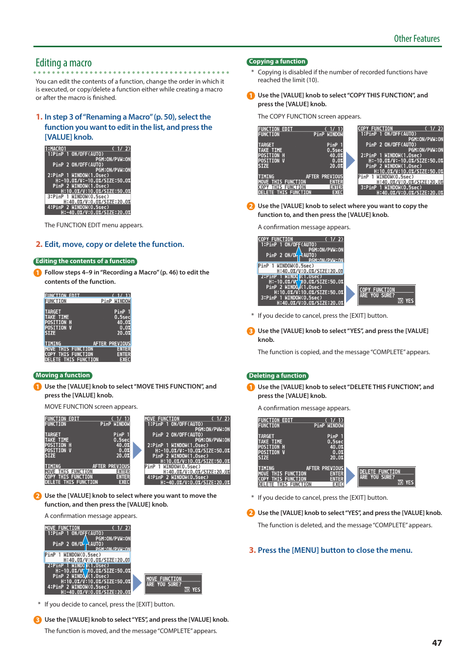 Editing a macro, Other features | Roland V-8HD HDMI Video Switcher and UVC-01 USB Capture Device Kit User Manual | Page 47 / 110