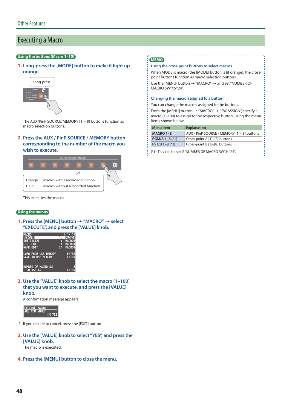 Executing a macro, Other features | Roland V-8HD HDMI Video Switcher and UVC-01 USB Capture Device Kit User Manual | Page 48 / 110