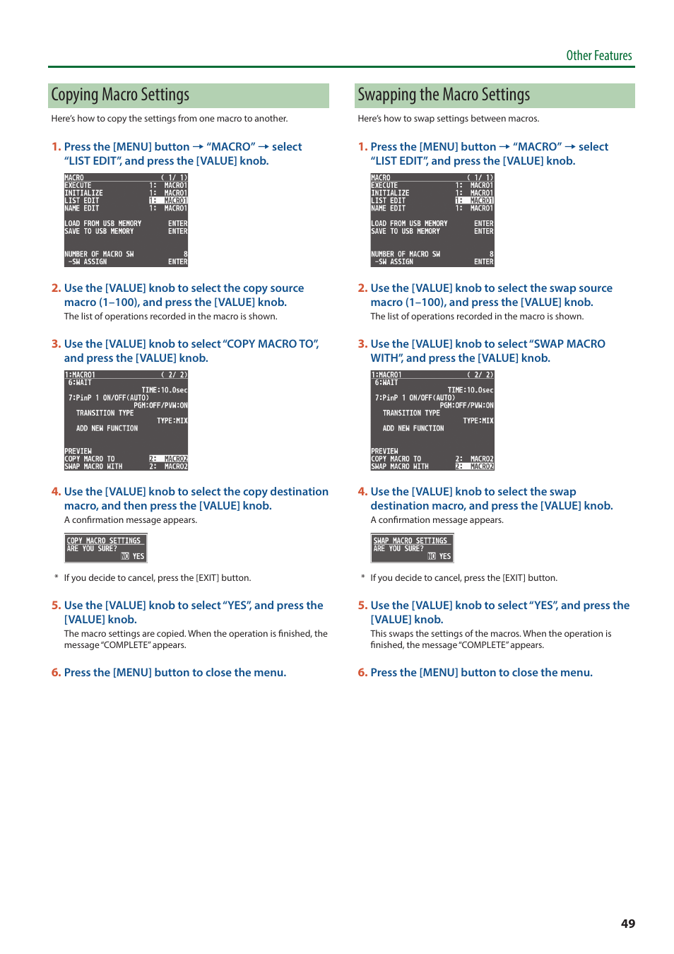Copying macro settings, Swapping the macro settings, Other features | Roland V-8HD HDMI Video Switcher and UVC-01 USB Capture Device Kit User Manual | Page 49 / 110