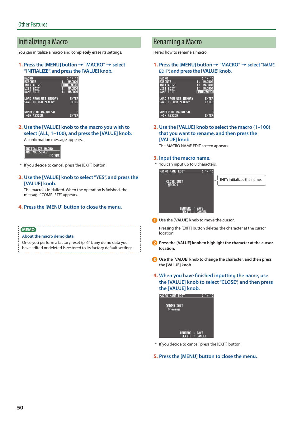 Initializing a macro, Renaming a macro, Other features | Roland V-8HD HDMI Video Switcher and UVC-01 USB Capture Device Kit User Manual | Page 50 / 110