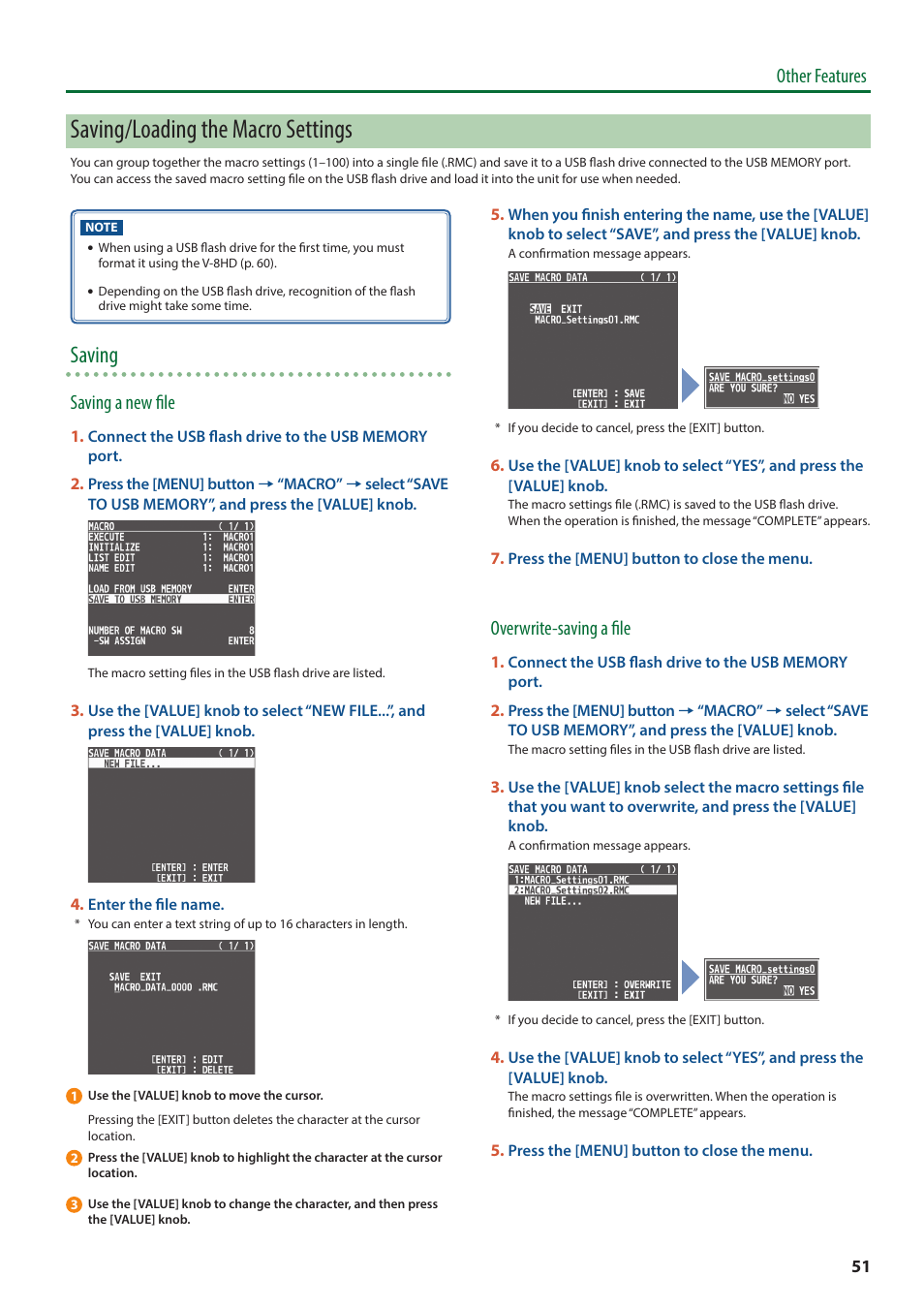 Saving/loading the macro settings, Saving, Other features | Saving a new file, Overwrite-saving a file | Roland V-8HD HDMI Video Switcher and UVC-01 USB Capture Device Kit User Manual | Page 51 / 110
