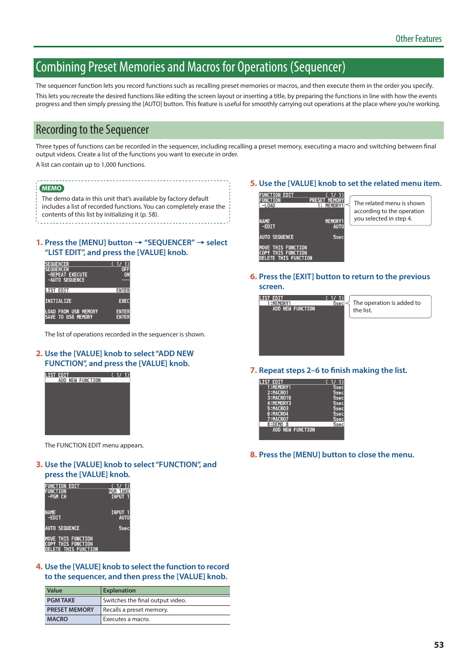 Sequencer), Recording to the sequencer, Other features | Roland V-8HD HDMI Video Switcher and UVC-01 USB Capture Device Kit User Manual | Page 53 / 110