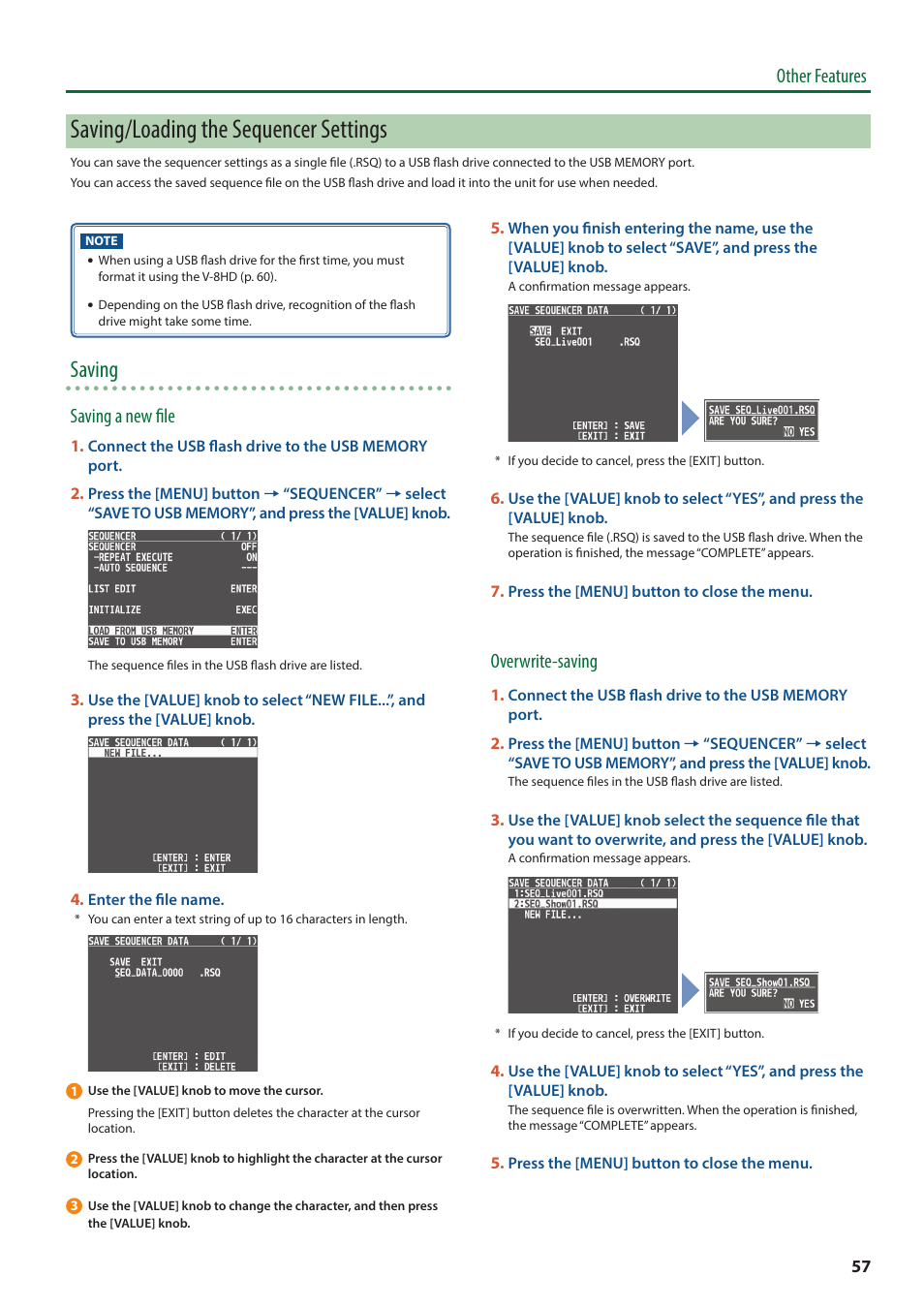 Saving/loading the sequencer settings, Saving, Other features | Saving a new file, Overwrite-saving | Roland V-8HD HDMI Video Switcher and UVC-01 USB Capture Device Kit User Manual | Page 57 / 110