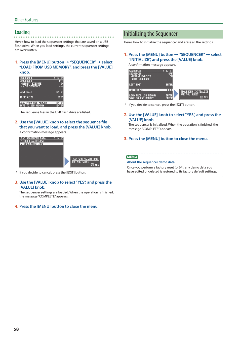 Initializing the sequencer, Loading, Other features | Roland V-8HD HDMI Video Switcher and UVC-01 USB Capture Device Kit User Manual | Page 58 / 110