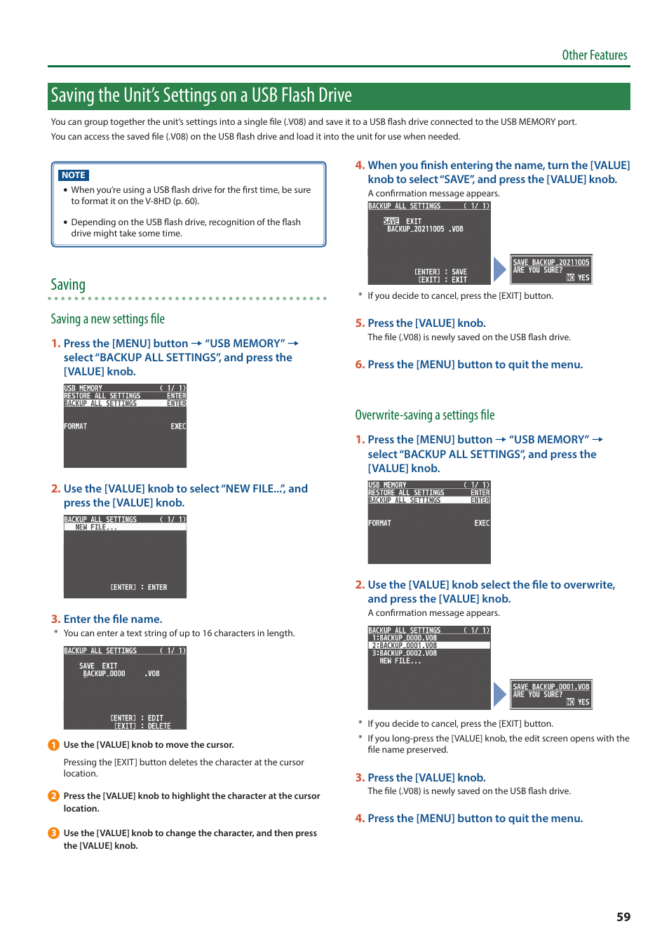 Saving the unit’s settings on a usb flash drive, Saving, Other features | Saving a new settings file, Overwrite-saving a settings file | Roland V-8HD HDMI Video Switcher and UVC-01 USB Capture Device Kit User Manual | Page 59 / 110