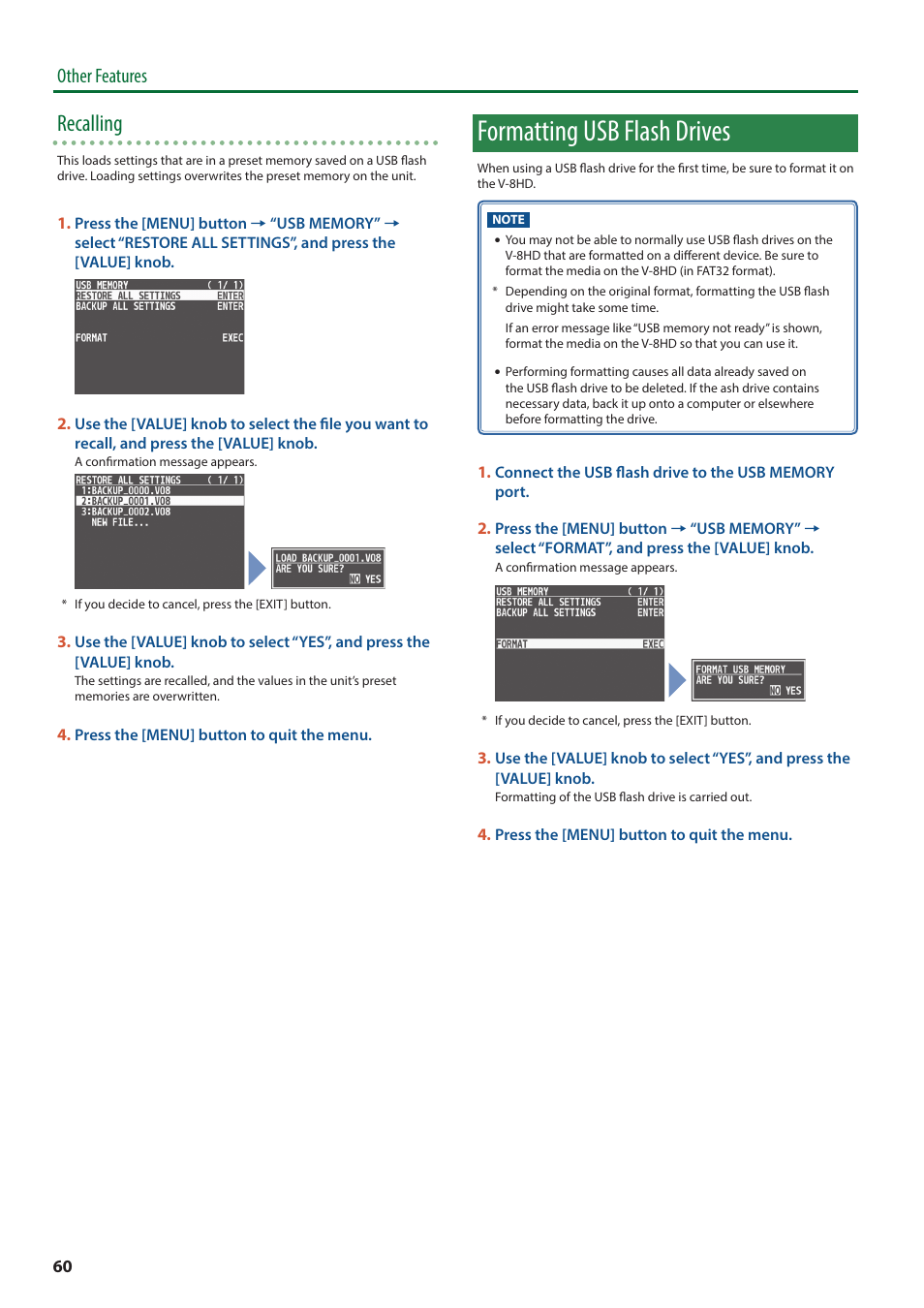 Formatting usb flash drives, 8hd (p. 60), Recalling | Other features | Roland V-8HD HDMI Video Switcher and UVC-01 USB Capture Device Kit User Manual | Page 60 / 110