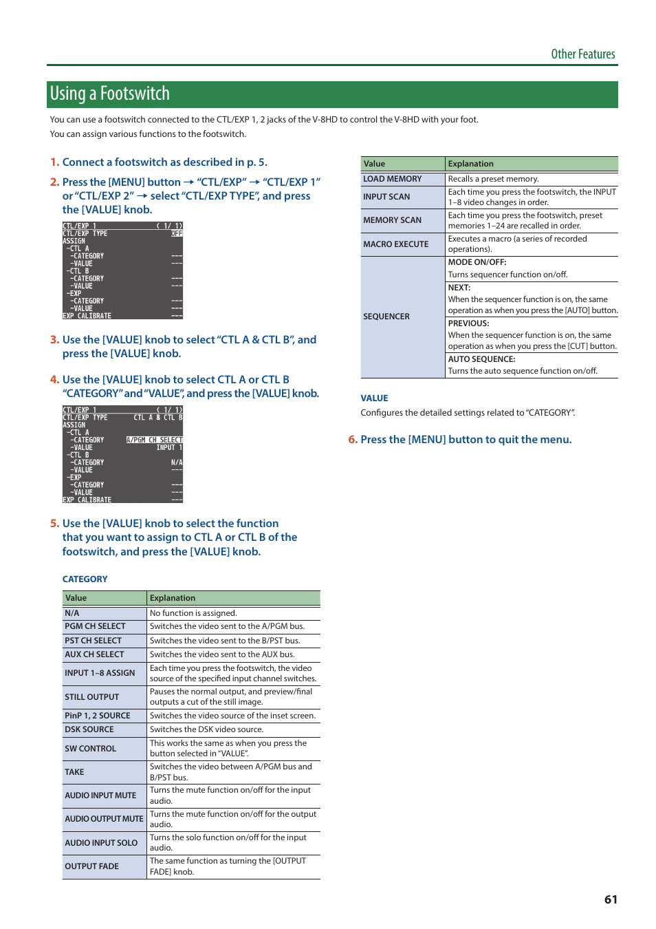 Using a footswitch, Using a footswitch” (p. 61), Other features | Roland V-8HD HDMI Video Switcher and UVC-01 USB Capture Device Kit User Manual | Page 61 / 110