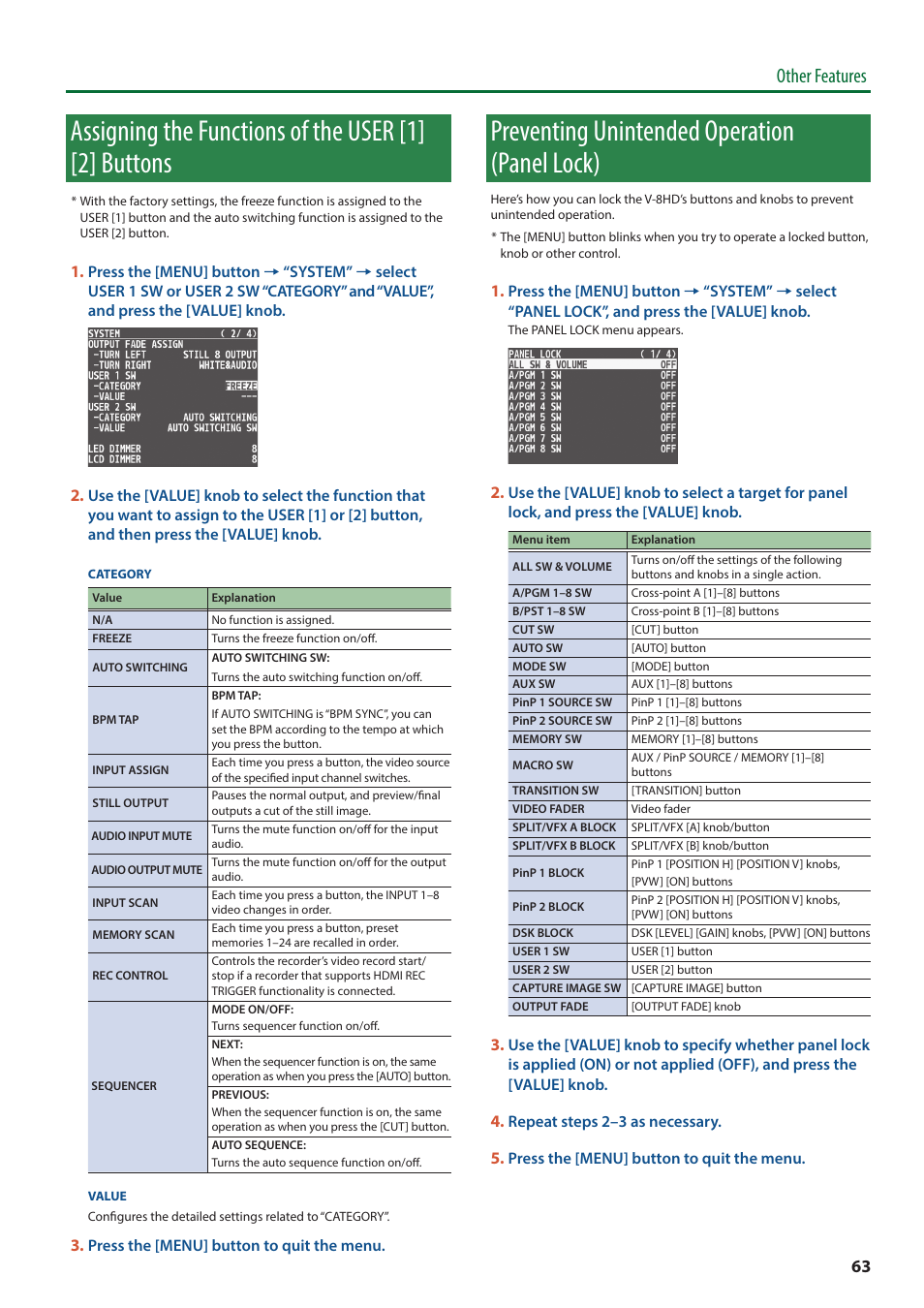 Preventing unintended operation (panel lock), O “assigning the functions of, The user [1] [2] buttons” (p. 63) | Other features | Roland V-8HD HDMI Video Switcher and UVC-01 USB Capture Device Kit User Manual | Page 63 / 110