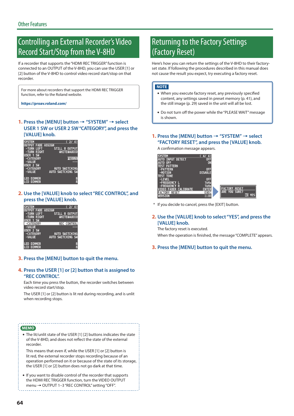 Returning to the factory settings (factory reset), From the v-8hd, Other features | Roland V-8HD HDMI Video Switcher and UVC-01 USB Capture Device Kit User Manual | Page 64 / 110