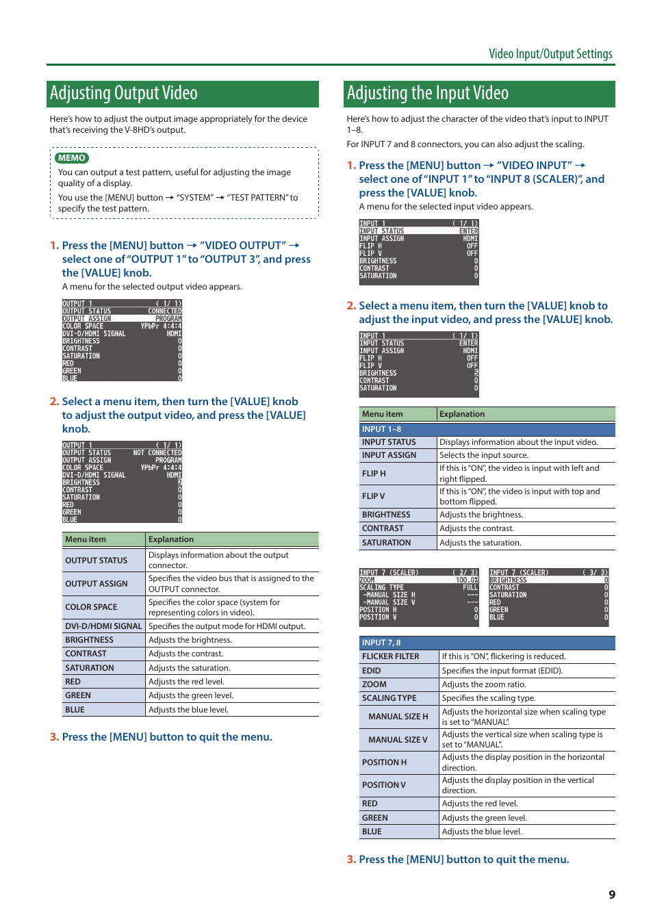 Adjusting output video, Adjusting the input video, Video input/output settings | Roland V-8HD HDMI Video Switcher and UVC-01 USB Capture Device Kit User Manual | Page 9 / 110