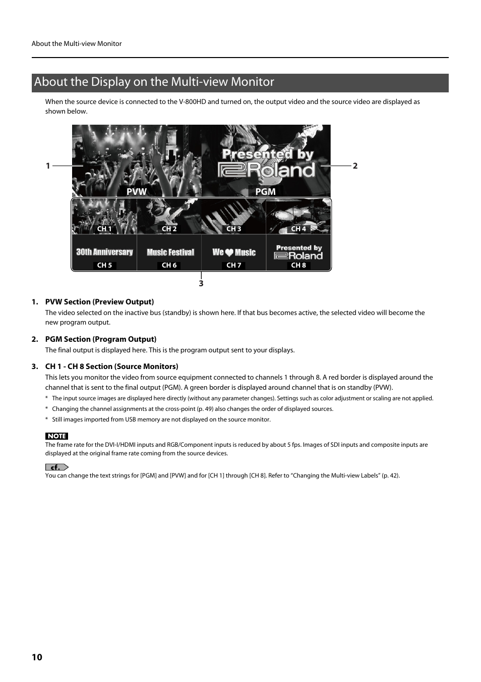 About the display on the multi-view monitor, Pvw pgm | Roland V-800HD MKII Multi-Format Video Switcher User Manual | Page 10 / 64