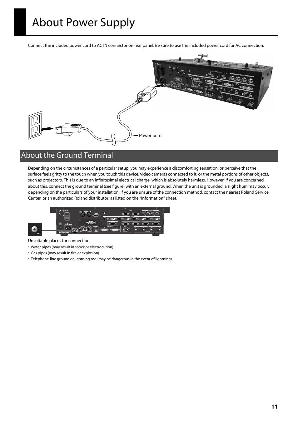 About power supply, About the ground terminal | Roland V-800HD MKII Multi-Format Video Switcher User Manual | Page 11 / 64