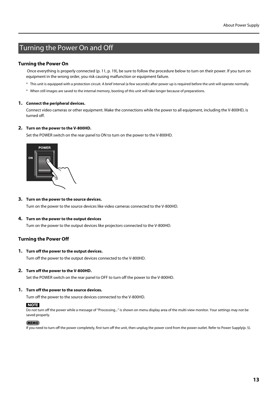 Turning the power on and off, P. 13 | Roland V-800HD MKII Multi-Format Video Switcher User Manual | Page 13 / 64