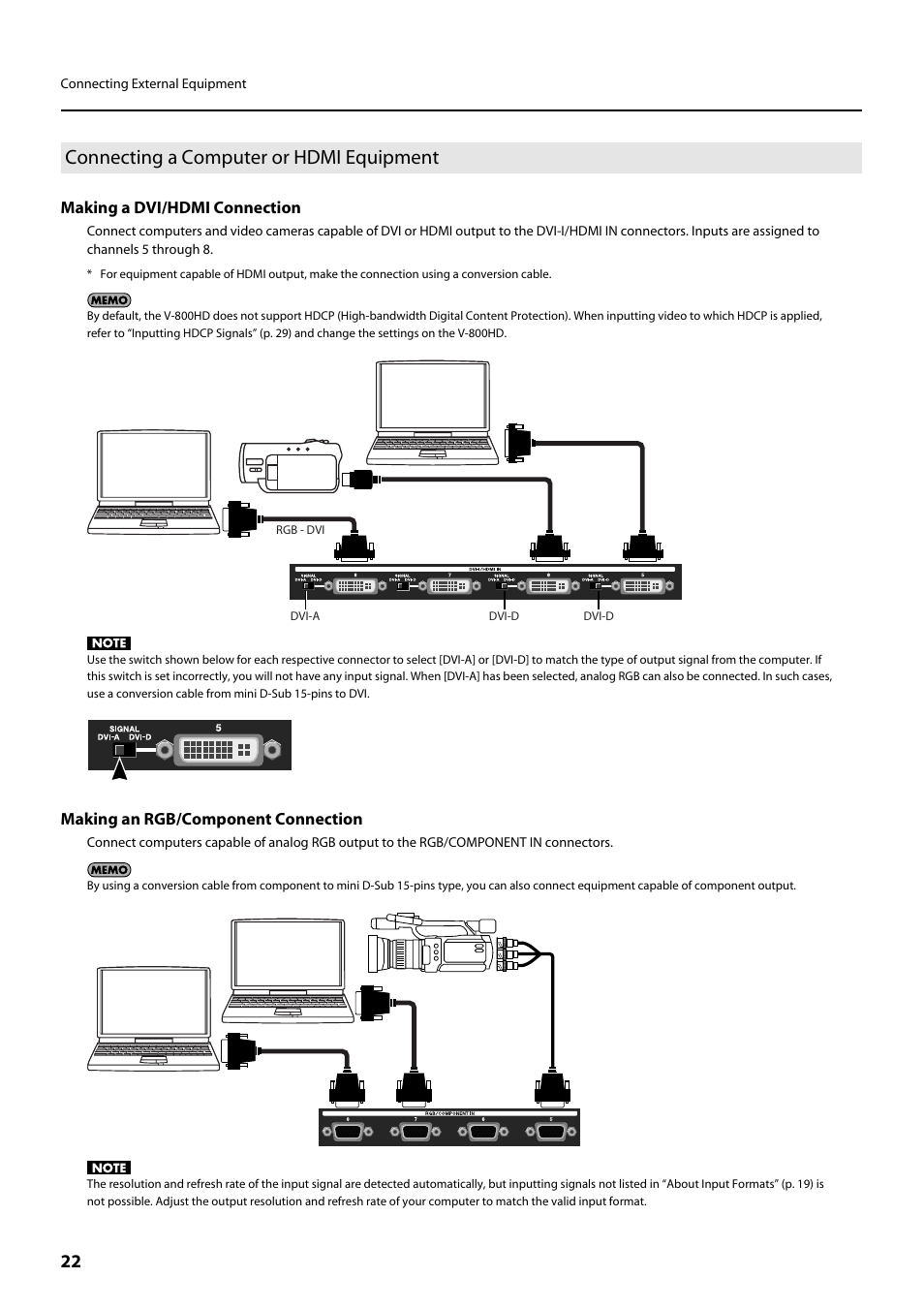 Connecting a computer or hdmi equipment, Hdmi connection” (p. 22), Making a dvi/hdmi connection | Making an rgb/component connection | Roland V-800HD MKII Multi-Format Video Switcher User Manual | Page 22 / 64