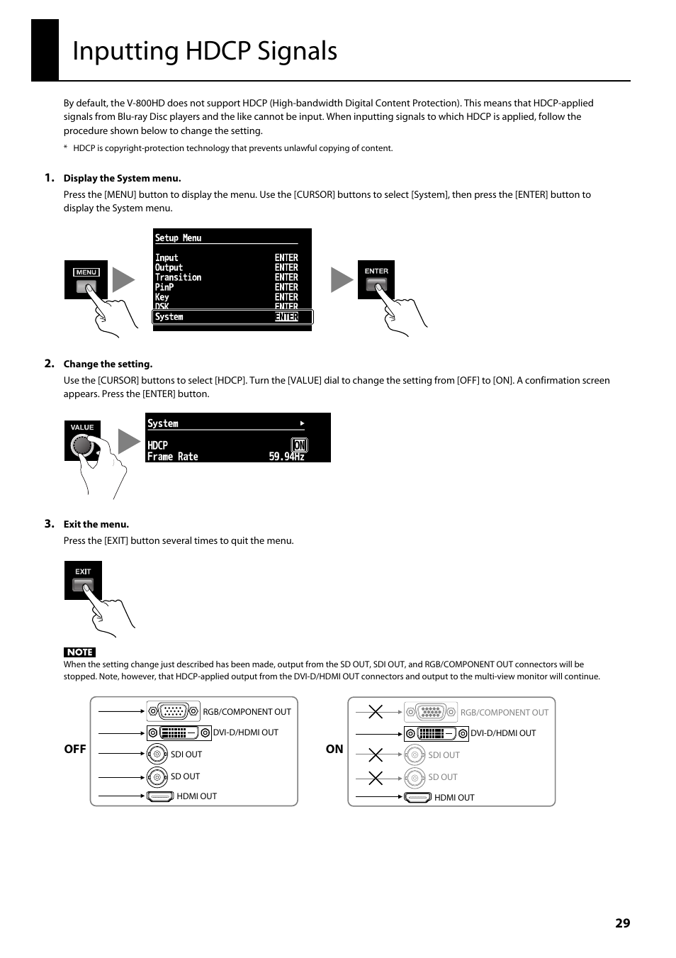 Inputting hdcp signals, Refer to “inputting hdcp signals” (p. 29) | Roland V-800HD MKII Multi-Format Video Switcher User Manual | Page 29 / 64